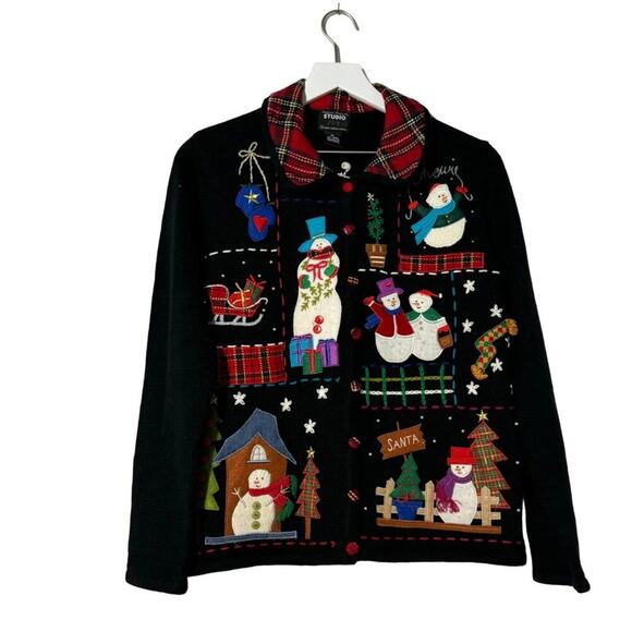 Studio Joy · XL Christmas Cardigan Sweater Snowman Santa Embroidered Plaid Trim - Picture 2 of 11